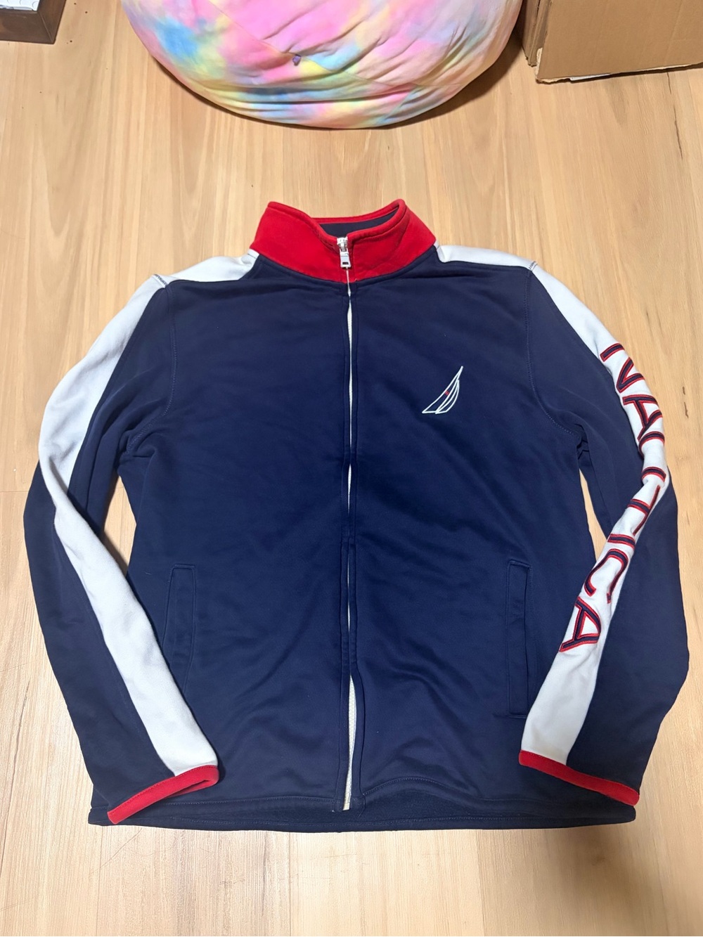 Nautica Navy Full-Zip Men's Track Jacket with White Sleeves and Red Trim